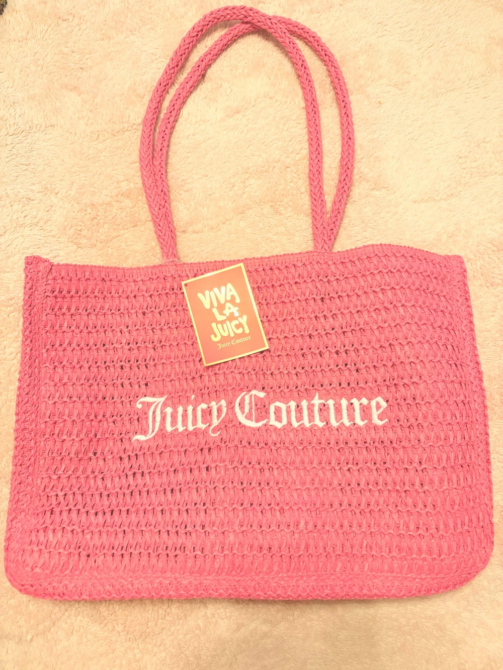Juicy Couture Hot Pink Crochet Tote with White Logo
